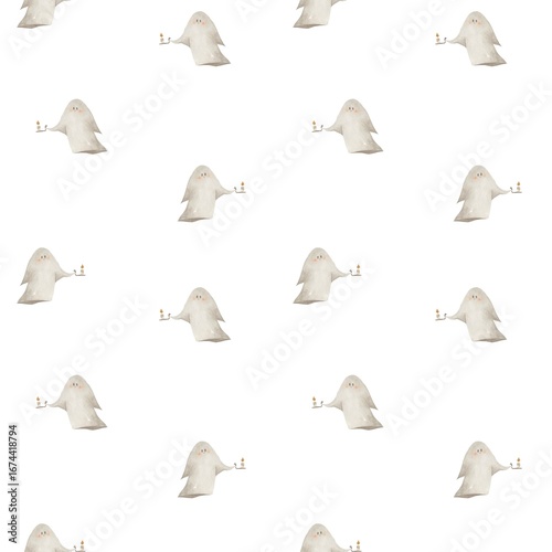 Hand-painted watercolor seamless pattern featuring cute little ghosts holding candles on a white background. Soft and cozy Halloween design, perfect for wrapping paper, textiles, party invitations