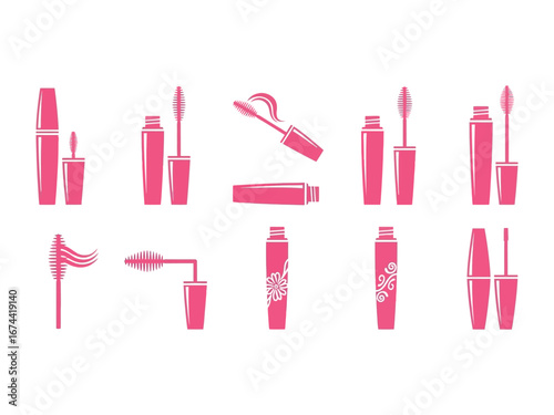 Mascara Beauty Array: An array of pink mascara tubes, brushes, and their individual parts, illustrating the essence of cosmetics, eye beauty, and a makeup routine essential.