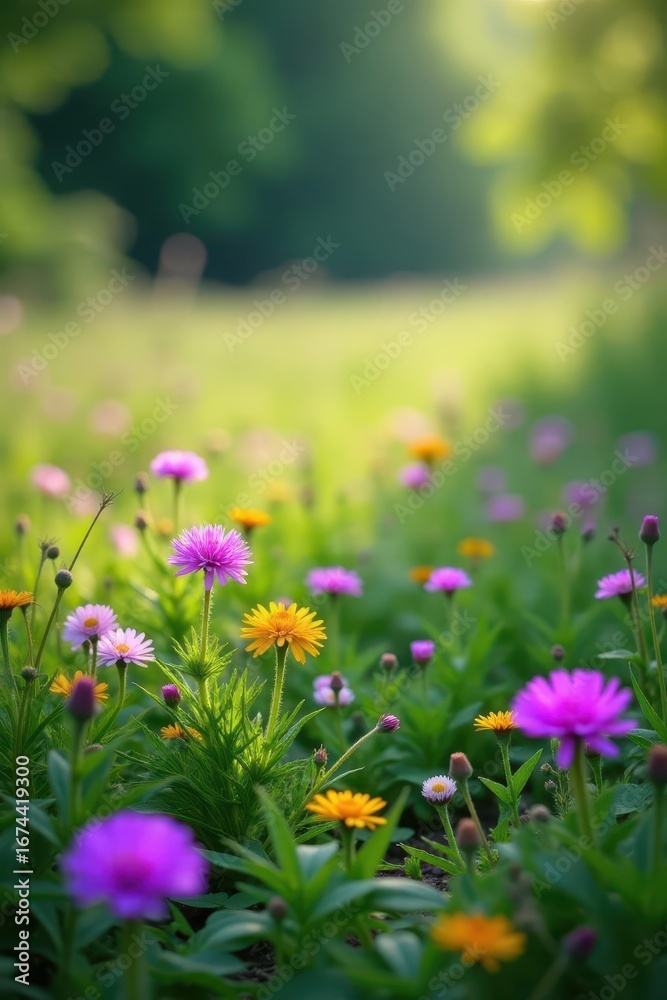 Obraz premium A colorful mix of purple and green hues creates a beautiful scene with lush wildflowers growing amidst a meadow, outdoors, floral patterns, pastel green