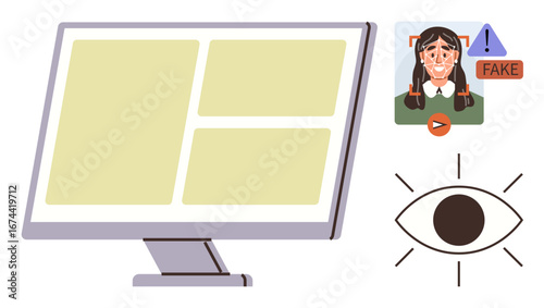 Computer displaying data with facial analysis of fake person and eye icon emphasizing digital scrutiny. Ideal for AI, cybersecurity, media literacy, verification, misinformation awareness, technology
