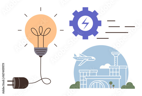 Plugged lightbulb, gear with lightning bolt, airport with airplane taking off. Ideal for innovation, sustainability, energy, transportation, progress, eco-friendly design simple flat metaphor