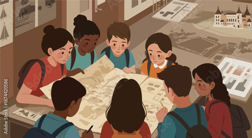 Illustration of a teacher guiding a diverse group of school children during a history lesson in a museum. The kids are gathered around an old map, exploring historical documents and cultural heritage.