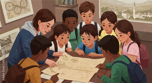 Illustration of a teacher guiding a diverse group of school children during a history lesson in a museum. The kids are gathered around an old map, exploring historical documents and cultural heritage.