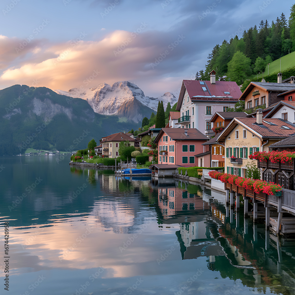 Naklejka premium Idyllic Lakeside Village in Switzerland at Sunset A picturesque scene of colorful houses nestled by a serene lake, reflecting the warm hues of the setting sun against snow capped mountains