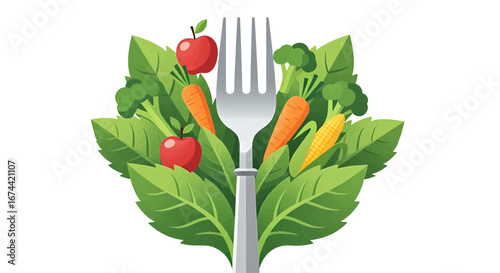 A vibrant illustration of a fork with fresh produce celebrating World Food Day and promoting a healthy, sustainable diet