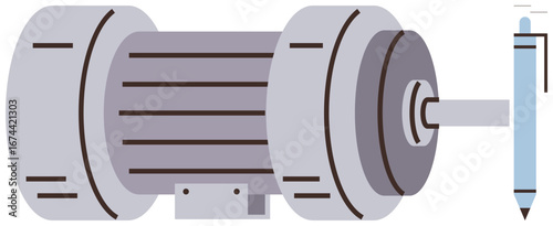 Electric motor with detailed parts next to a pen for scale, showing size contrast. Ideal for engineering, machinery, manufacturing, industrial tools, mechanical design, product comparison, technology