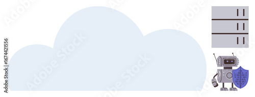 Cloud outline, AI robot holding a shield, and stack of servers represent data security, privacy, artificial intelligence, and cloud technology. Ideal for cloud computing, cybersecurity, storage tech