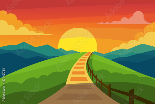 Scenic pathway leading towards a vibrant sunset over rolling hills