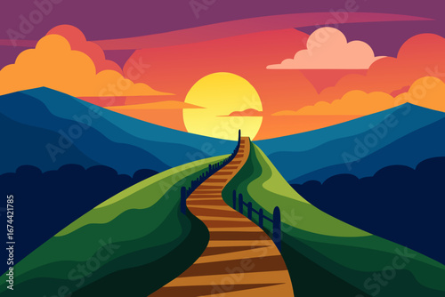 Path to sunset over mountains