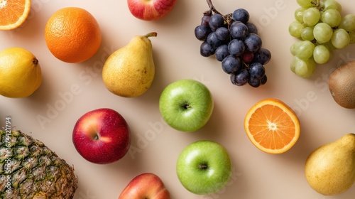 Fototapeta Naklejka Na Ścianę i Meble -  Colorful arrangement of various fresh fruits creating a vibrant and healthy flat lay composition