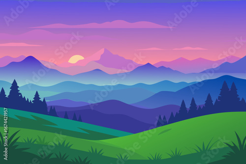 Vibrant sunset over layered mountains and green hills