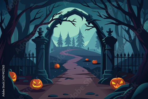 Spooky halloween pathway lined with jack o lanterns and haunted trees