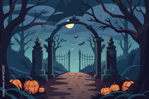 Spooky halloween cemetery entrance with pumpkins and bats