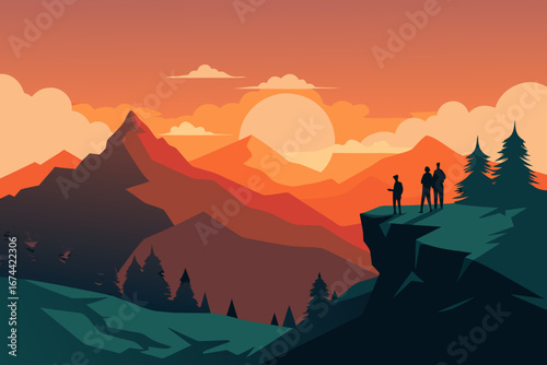 Silhouettes of people on a cliff overlooking mountains at sunset