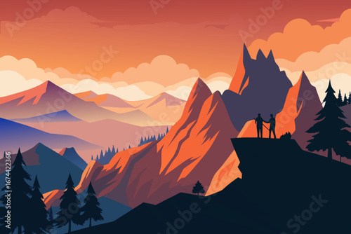 Two hikers admire a vibrant mountain landscape at sunset