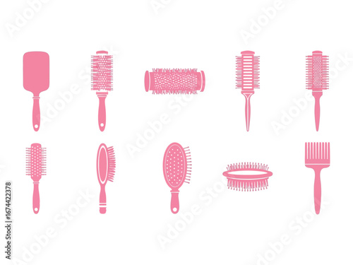 Hair Styling Tools: A set of elegant, pink hair styling tools, meticulously illustrated and perfect for any hairstylist, presenting a variety of brushes for styling.