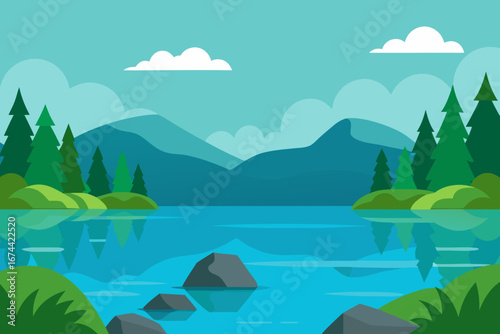Serene mountain lake with pine trees and reflecting clouds