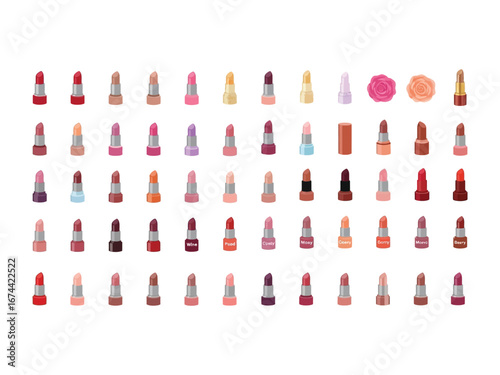 Lipsticks: An array of lipsticks in a spectrum of shades are meticulously arranged. A visually stunning assortment of lipsticks presents a wide range of colors for the modern individual.