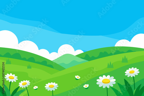Vibrant green hills and daisy field under a blue sky