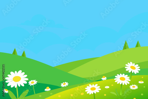 Vibrant spring meadow with daisies and rolling green hills