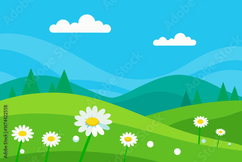 Vibrant daisy field under a blue sky with rolling hills