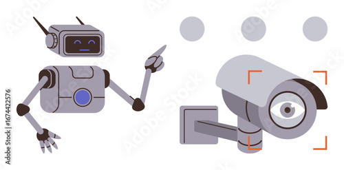Robot gesturing towards surveillance camera with red focus lines. Ideal for AI, robotics, automation, security, surveillance, technology, innovation. Simple flat metaphor