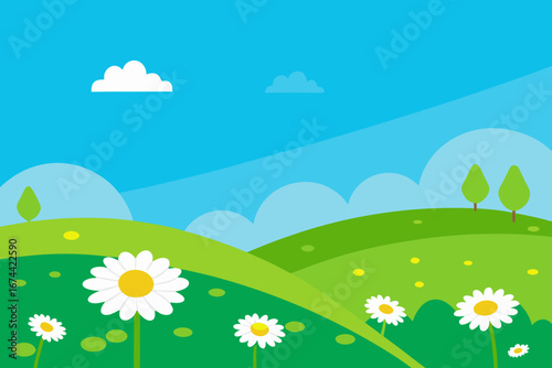 Vibrant spring meadow with daisy flowers and rolling hills