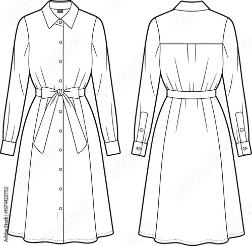 Shirt dress with long sleeves, front button closure, tied waist, cuff details, elegant style cad drawing flat vector illustration
