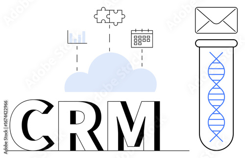 CRM text with cloud, data graph, calendar, puzzle connection, DNA strand in test tube, and email icon. Ideal for business management, analytics, scheduling CRM strategies personalization cloud