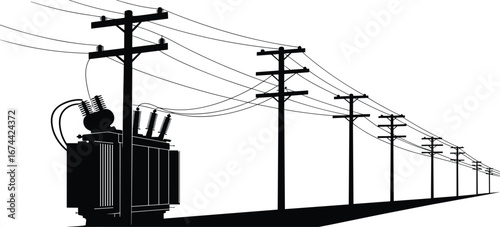 Silhouette of electrical power transformer with multiple power poles, high voltage lines, electric distribution, energy infrastructure, electricity transmission, utility poles, electric power system