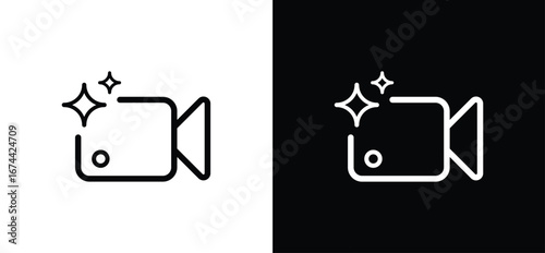 Set of AI video icons in minimalist line vector style, video camera with sparkle stars for generation, recording, streaming and calls in app and web UI. Vector illustration.