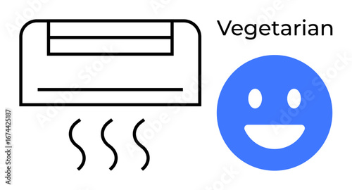 Simplistic air conditioner emitting heat waves, cheerful blue face icon, and Vegetarian text combining comfort with dietary preferences. Ideal for wellness, lifestyle, efficiency, comfort, symbolism