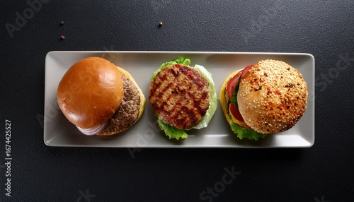 flat lay triple burger sampler including mini beef burger grilled chicken and spicy veggie patties perfect for tasting menus food photography and presentation shots