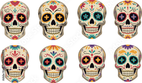 Eight decorated sugar skulls on white background on transparent background