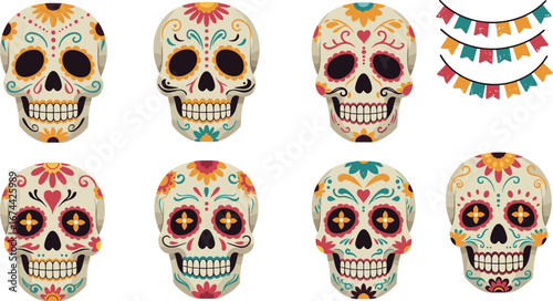 Collection of decorated sugar skulls and bunting on transparent background