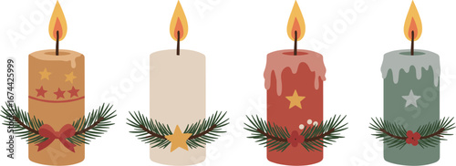Four decorative christmas candles with pine sprigs and star embellishments on transparent background