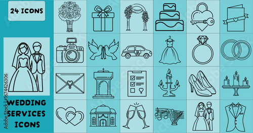 Wedding service icons set featuring bride and groom cake rings and other celebration elements on white background