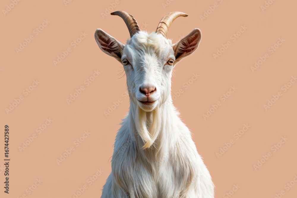 Obraz premium A white goat with impressive horns and a distinguished beard looks directly at the camera with a calm and curious expression. 