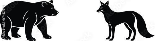 Vector art of silhouette of a bear and a fox facing each other in a simple illustration