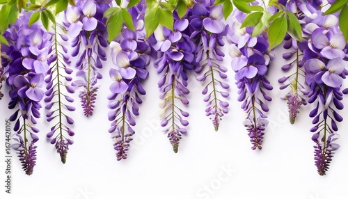 a vibrant border of purple wisteria flowers and green leaves isolated on white background
