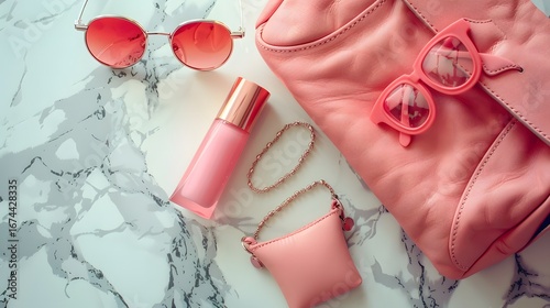Flat lay of pink fashion accessories including a leather handbag with matching sunglasses and a cosmetic bottle on a white marble background for a modern feminine lifestyle theme.