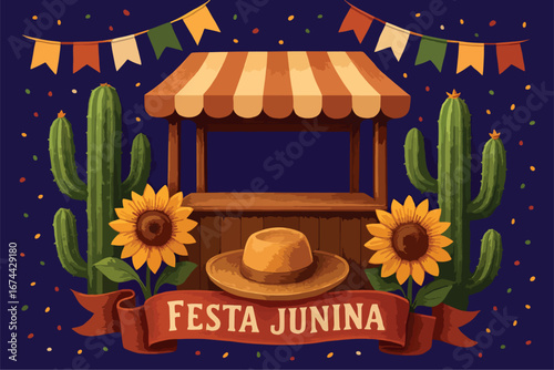 Festa Junina Festival Booth with Sunflowers and Cacti