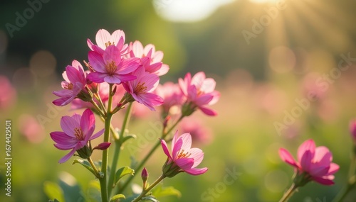 Clusters of delicate pink wildflowers in full bloom, bathed in sunlight , bloom, botanical, texture