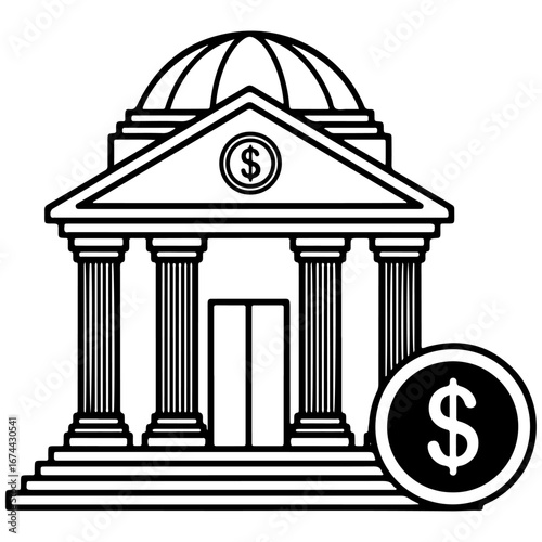 Bank or Financial Organizations building or iconic Building icon, black and white, vector