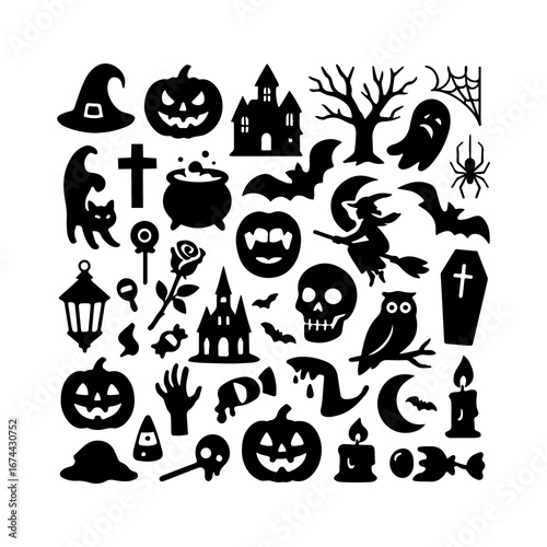 Halloween Silhouette Collection Pumpkins, Bats, Haunted House, and More