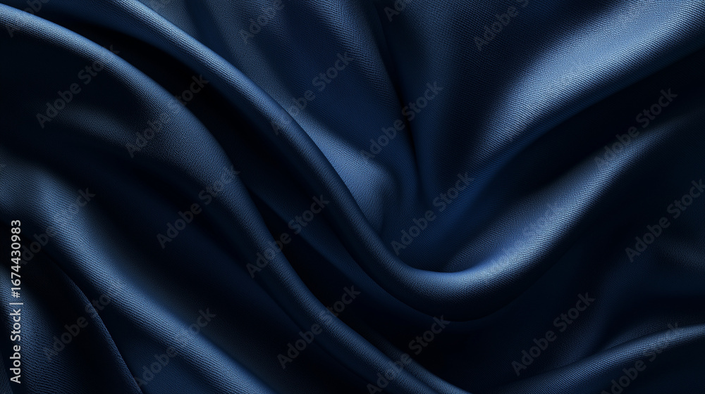 Fototapeta premium A dark blue satin fabric texture with subtle light ripples, highlighting its smooth, luxurious, and elegant reflective surface. 