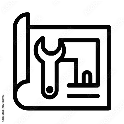 A sleek line art icon representing comprehensive architectural design, engineering, and construction planning, with a wrench on a detailed blueprint.