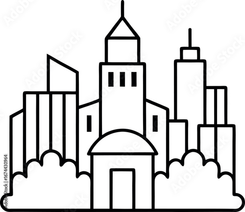 Cityscape Line Art Featuring Cathedral and Skyscrapers