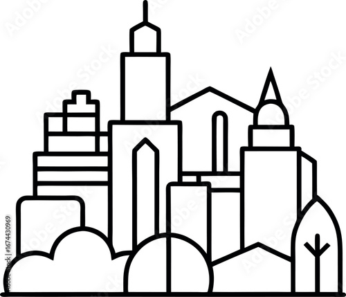 Cityscape Line Drawing with Trees and Bushes