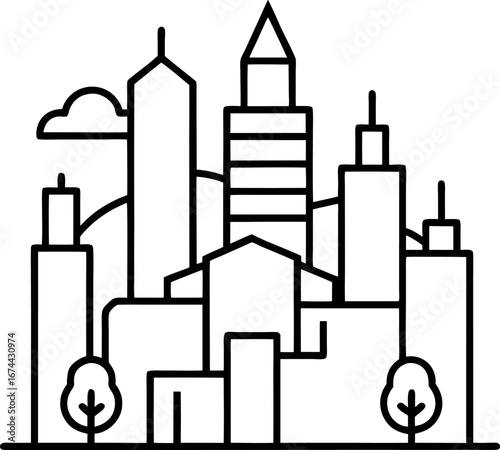 Minimalist Cityscape Line Drawing with Trees and Hills
